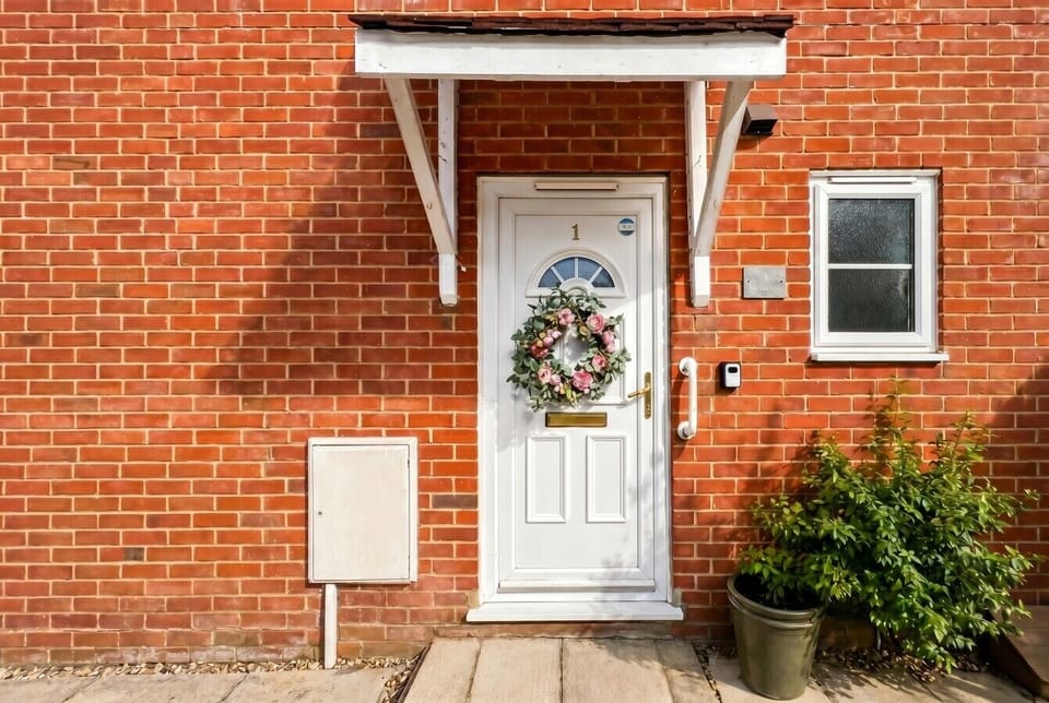 Classic red brick and a floral wreath say welcome before you even step inside.