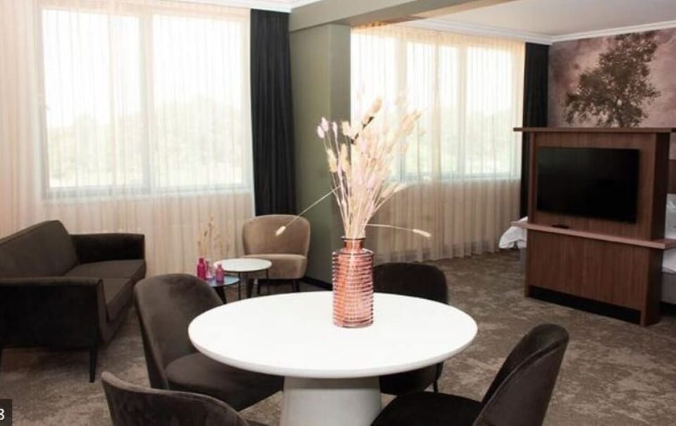 Lounge together in a spacious suite layout with elegant seating.
