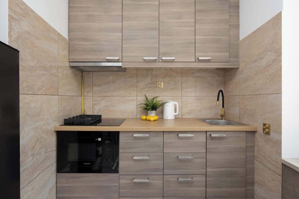 A compact kitchenette with wood-style cabinets, built-in appliances, and a tiled backsplash.