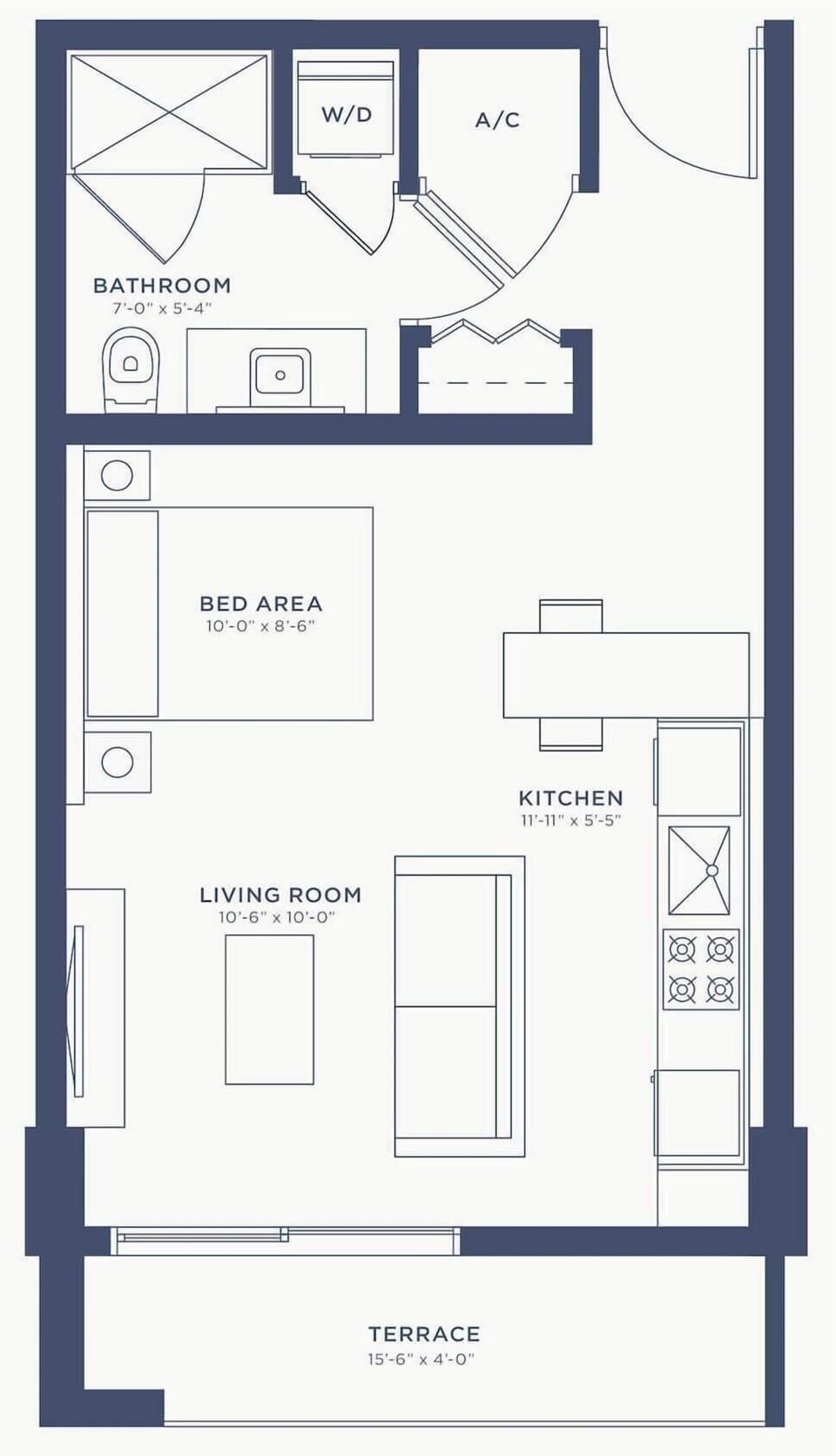 Check out the floor plan! This thoughtfully designed NoMad studio offers 476 sq ft of interior space plus a 65 sq ft private terrace—the perfect layout for your Miami getaway. 
