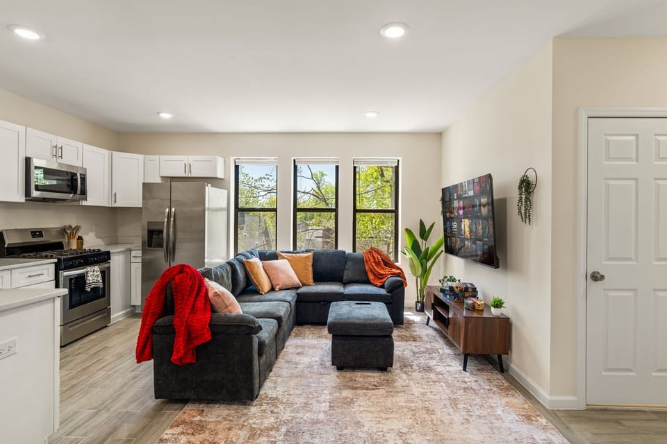 A comfortable living area with a sleeper sofa for extra guests, giving you space to relax and room to accommodate more.