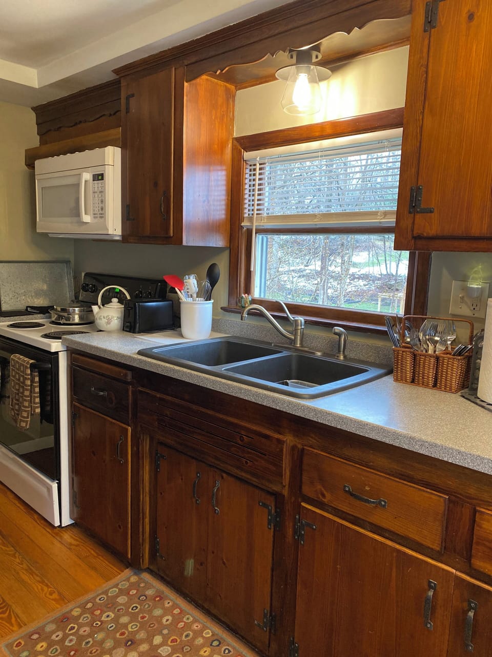 Full, stocked kitchen.  Double sink, electric range and microwave, fridge.
