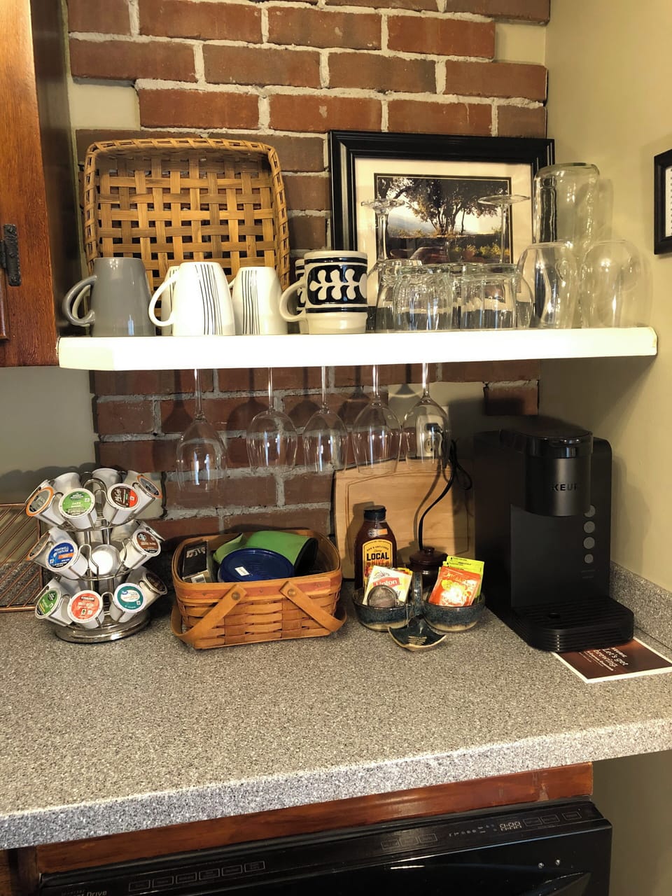 Coffee and beverage station.  Lots of different coffees, teas and cocoa.  