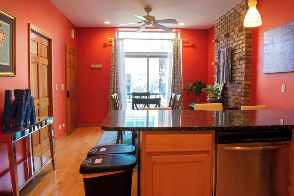 Kitchen island seating and open dining layout