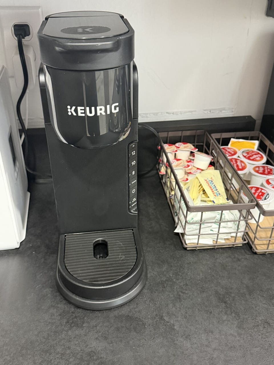 Complimentary Keurig coffee station with assorted pods