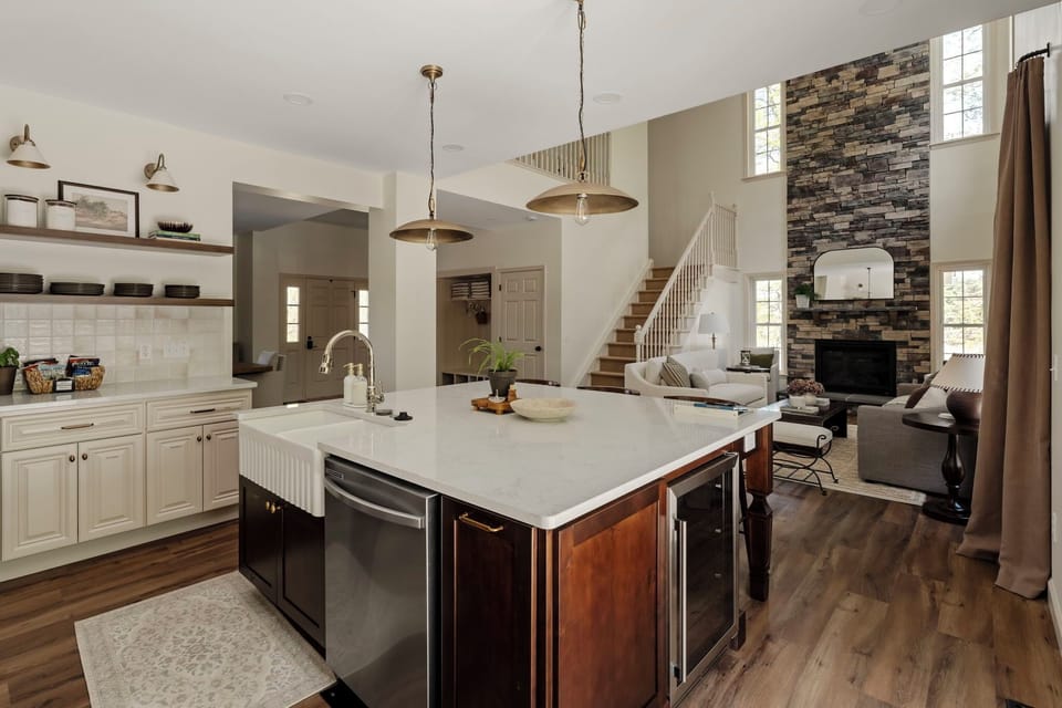 Kitchen island with double sink, dishwasher, beverage fridge and microwave 
