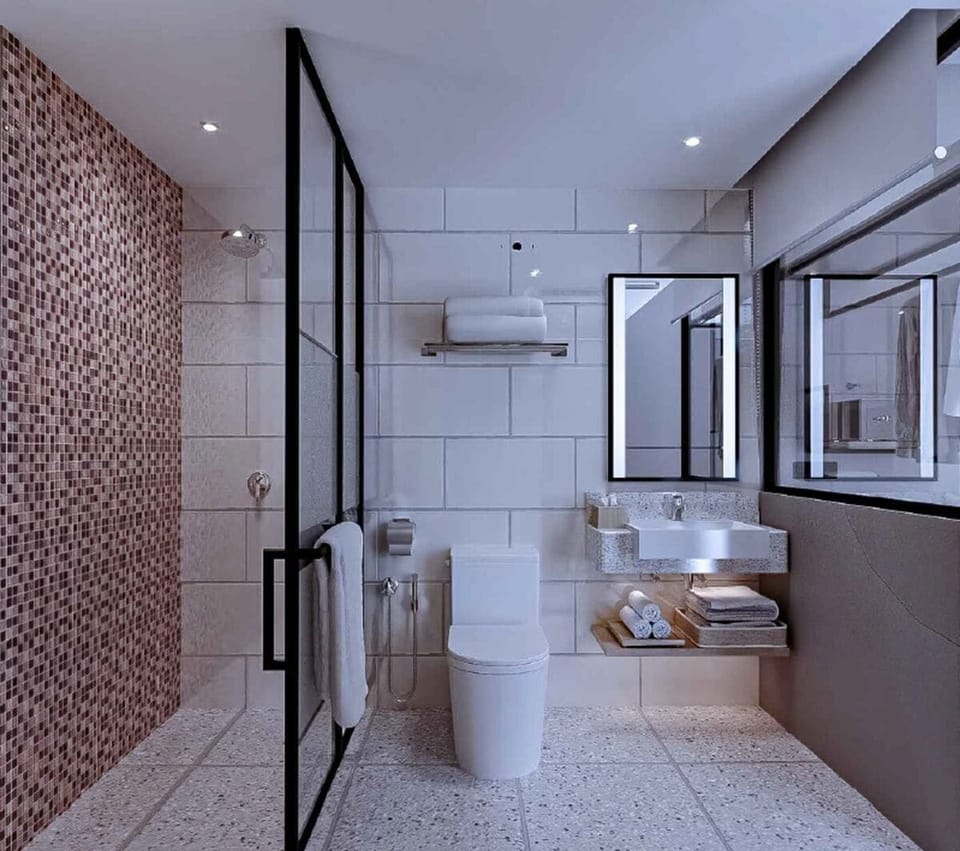 Shower, towels, soap, shampoo