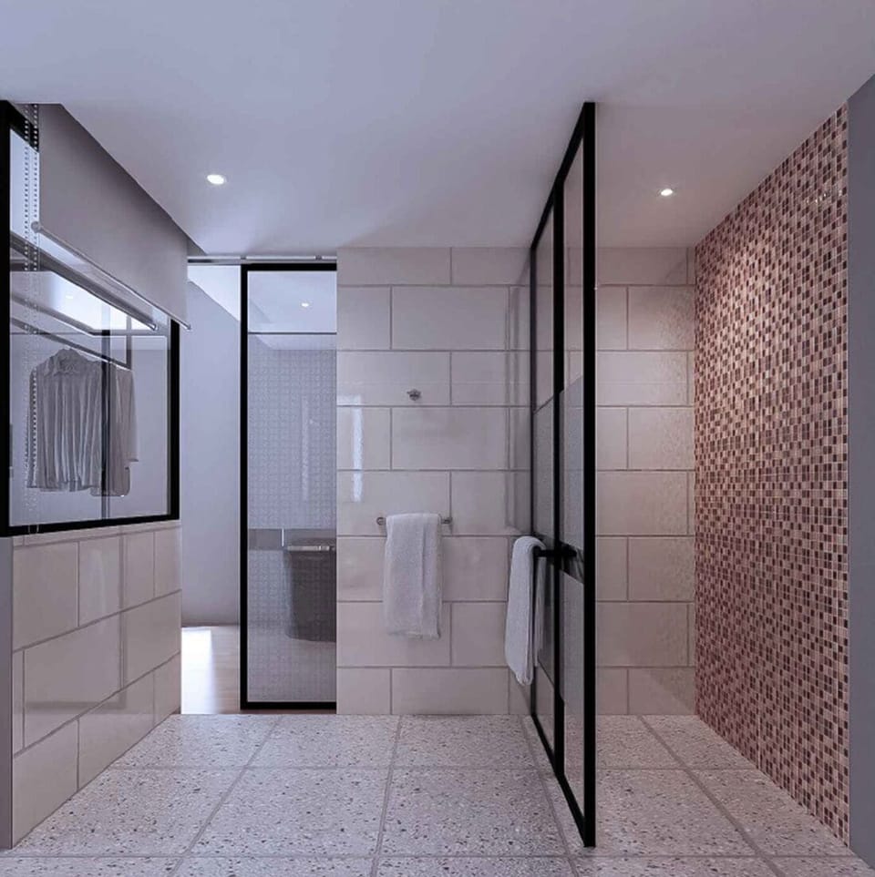 Shower, towels, soap, shampoo