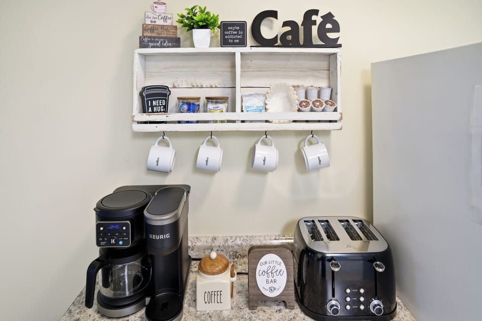 Start your mornings right at our cozy coffee & toast station 