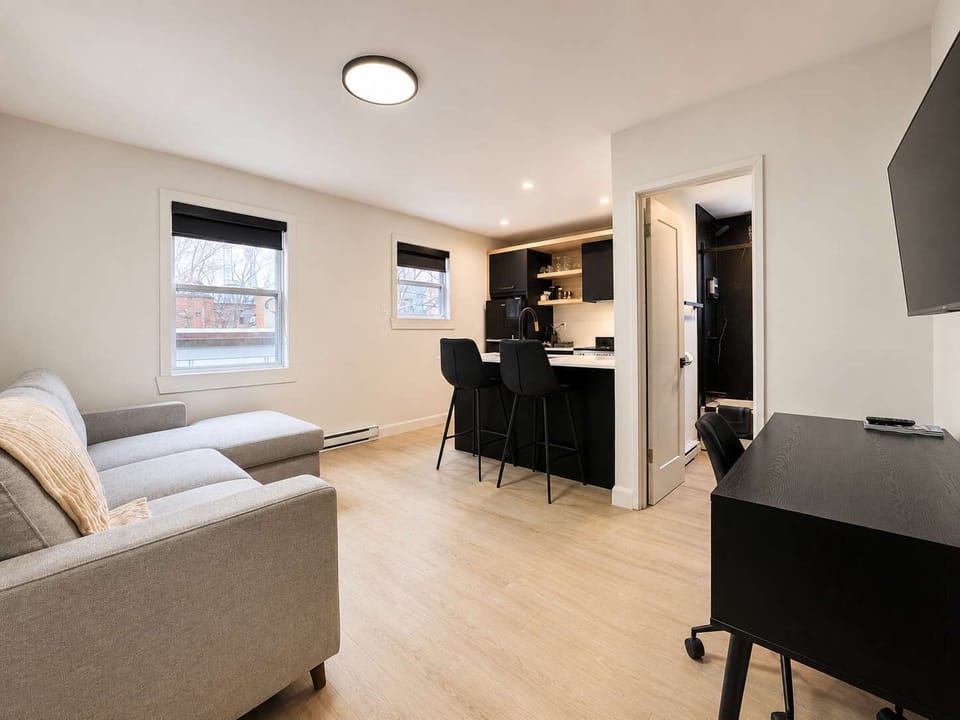 Cet aménagement magnifique allie parfaitement style et utilité, avec un canapé en L accueillant, un îlot-bar élégant, un espace de travail épuré et une esthétique propre et aérée.