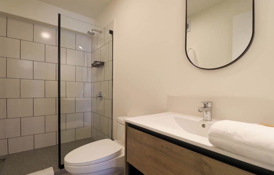 Contemporary bathroom with glass shower enclosure and modern vanity