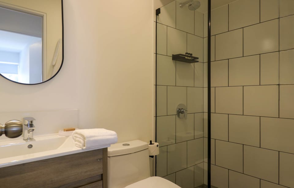 Modern bathroom with walk-in shower and elegant finishes