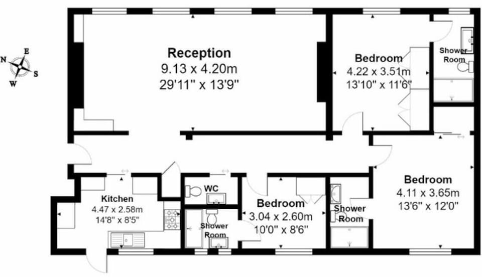 Full floor plan — 1,331 sq ft single-floor apartment with three ensuite bedrooms, guest WC, kitchen, dining room and large living area sleeping up to 9 guests.