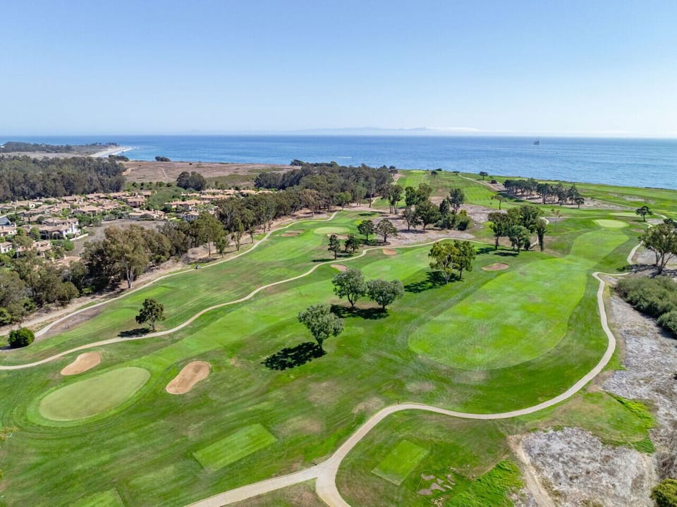 Scenic aerial view of coastal golf course and ocean views near Santa Barbara