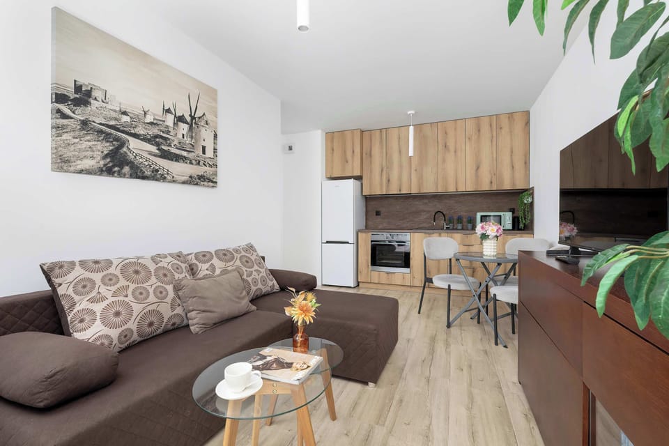 This perspective captures the sofa decorated with patterned cushions and a coffee table in the foreground. In the background, the wooden kitchen units are visible.