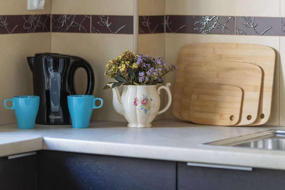 A close-up of the kitchen countertop with an electric kettle, a pitcher, and wooden cutting boards.