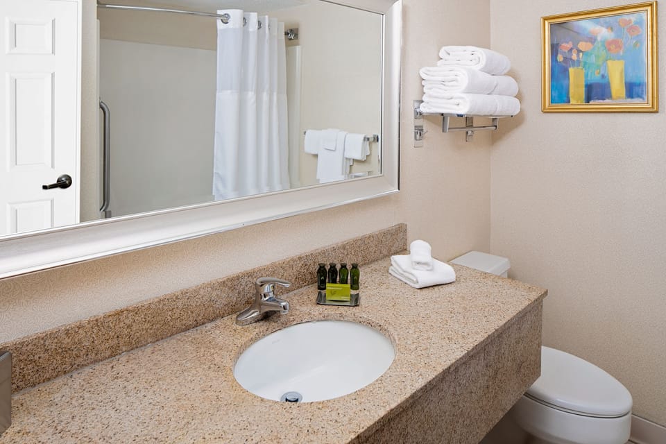 Combined shower/tub, hair dryer, towels