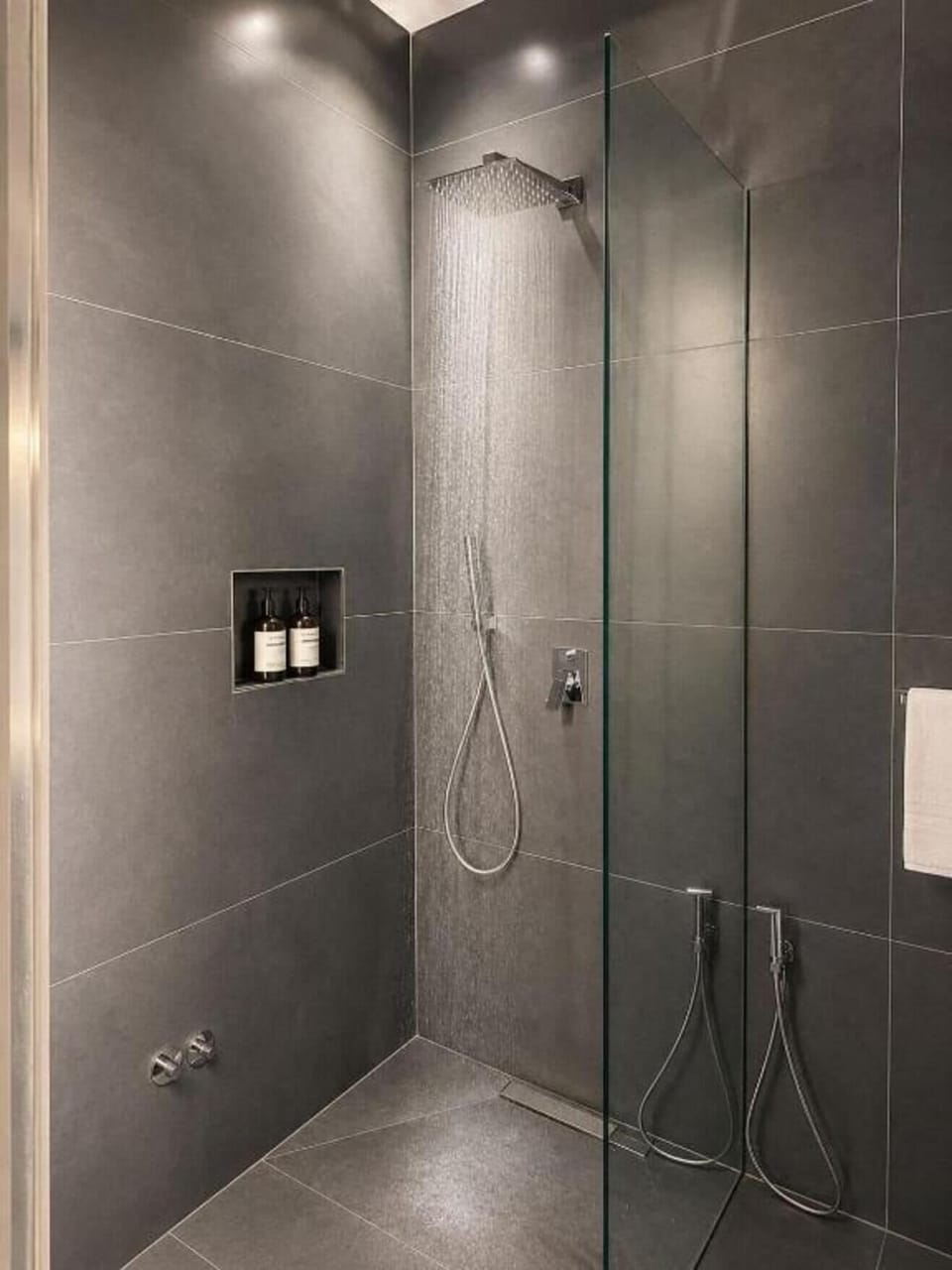Shower, free toiletries, towels, soap