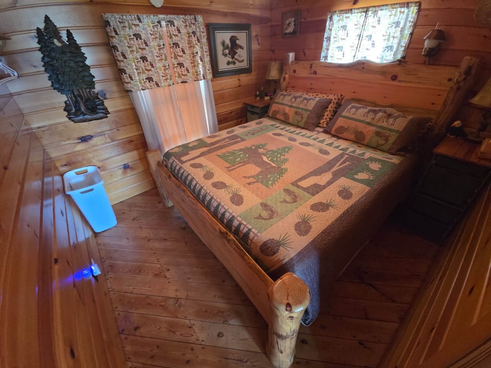 The bald eagle king bedroom includes nightstand drawer storage and hanging clothes pegs