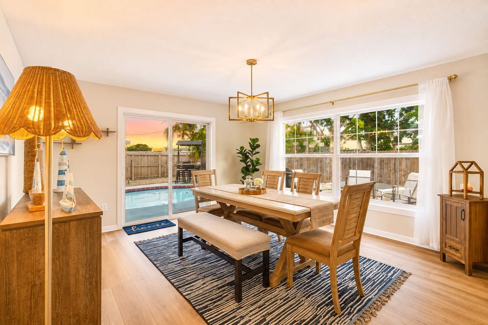 Natural light fills the dining room, perfect for sharing meals with your group.
