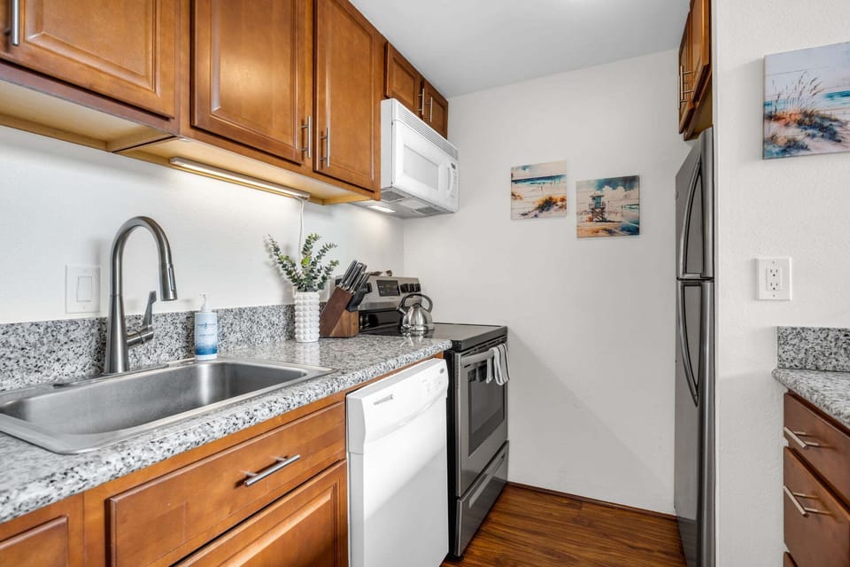 Fully equipped kitchen with everything needed for preparing meals during your stay.