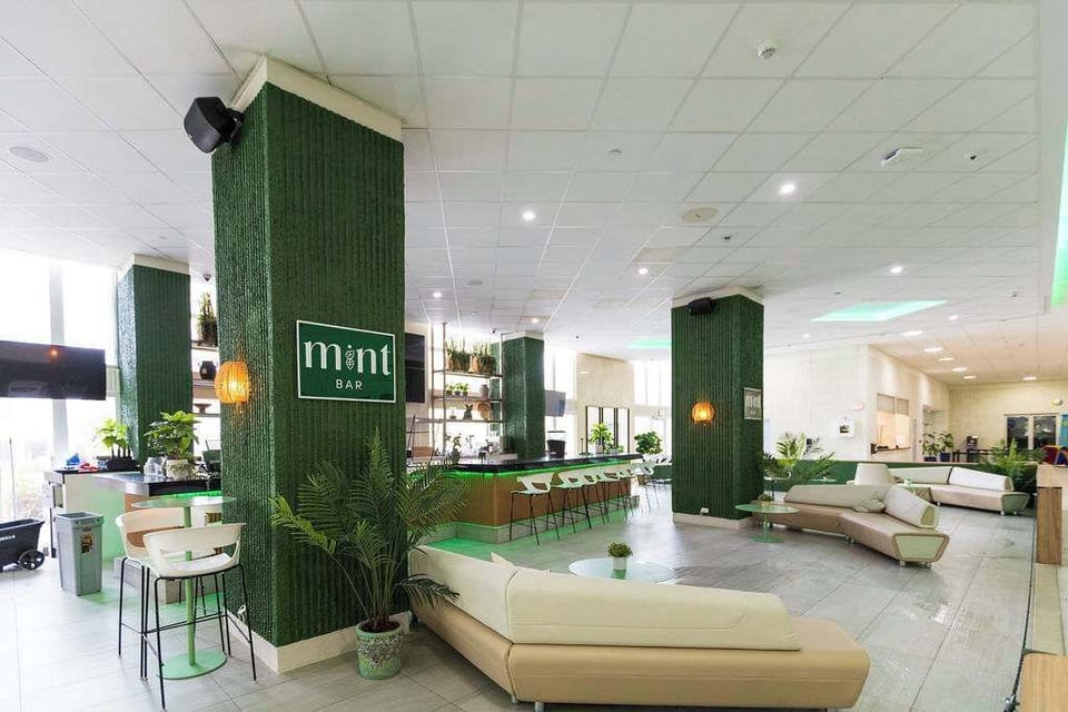 Stylish Mint Bar at Isla Verde condo hotel with lush green décor, perfect for evening cocktails and socializing after the beach.​