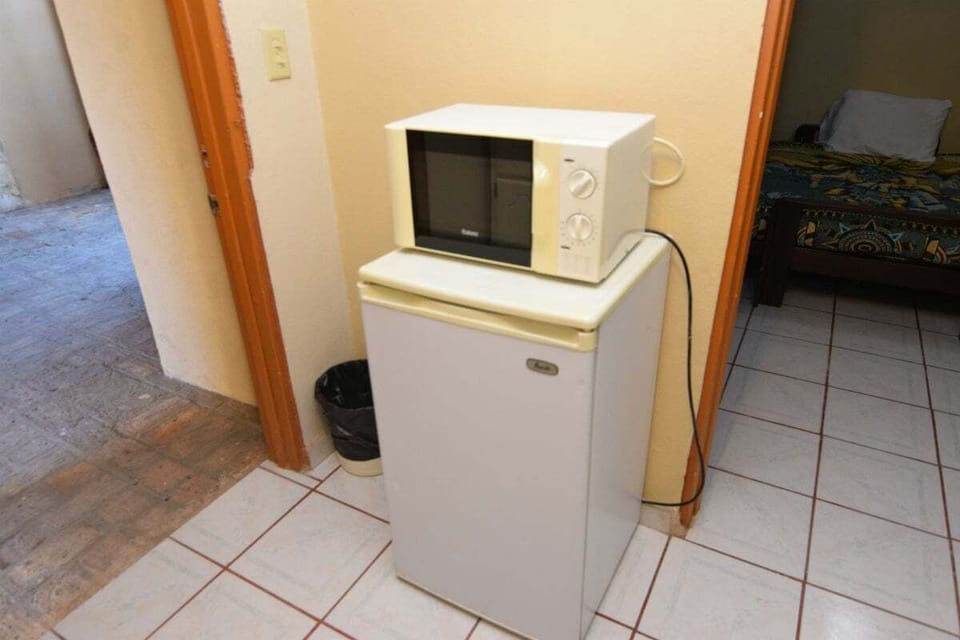The well-appointed kitchenette includes a microwave, full-size refrigerator, and essential cookware