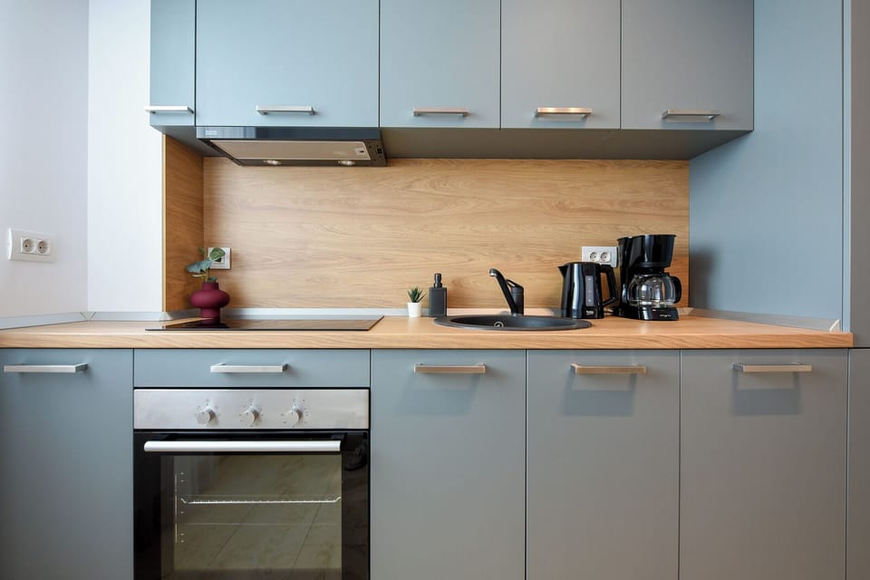 Full-size fridge, dining tables