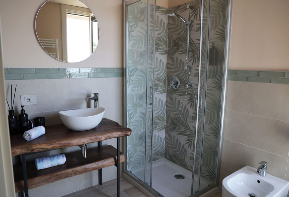 Shower, hair dryer, towels, toilet paper