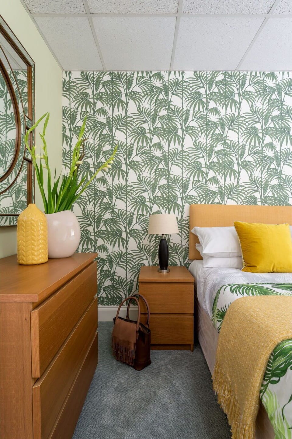 Interior Design, Furniture, Bedroom, Bedding, Bed, Throw Pillow, Nightstand, Bed Frame, Pillow, Lamp