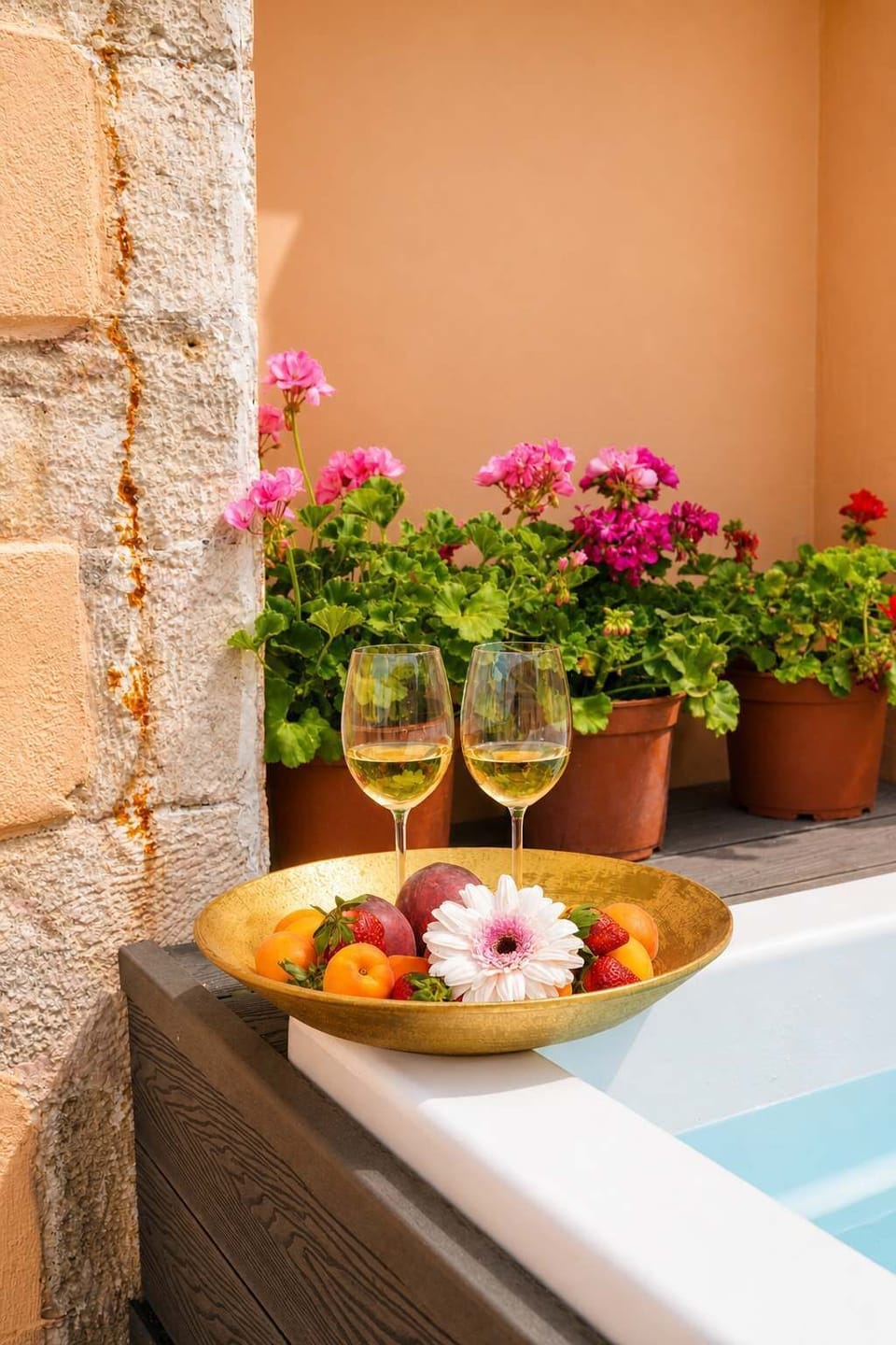 Outdoor jacuzzi surrounded by stone walls and greenery, perfect for relaxing under the sun. (Shared access with hotel guests.)