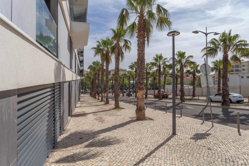 40 · Mature palm-lined boulevard directly outside the building · StayInLisbon