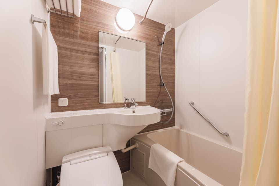 Combined shower/tub, hair dryer, towels, soap