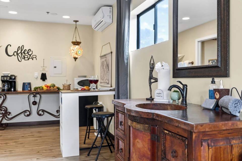 Rustic touches and a cozy coffee bar create the perfect space to recharge between Sedona adventures.