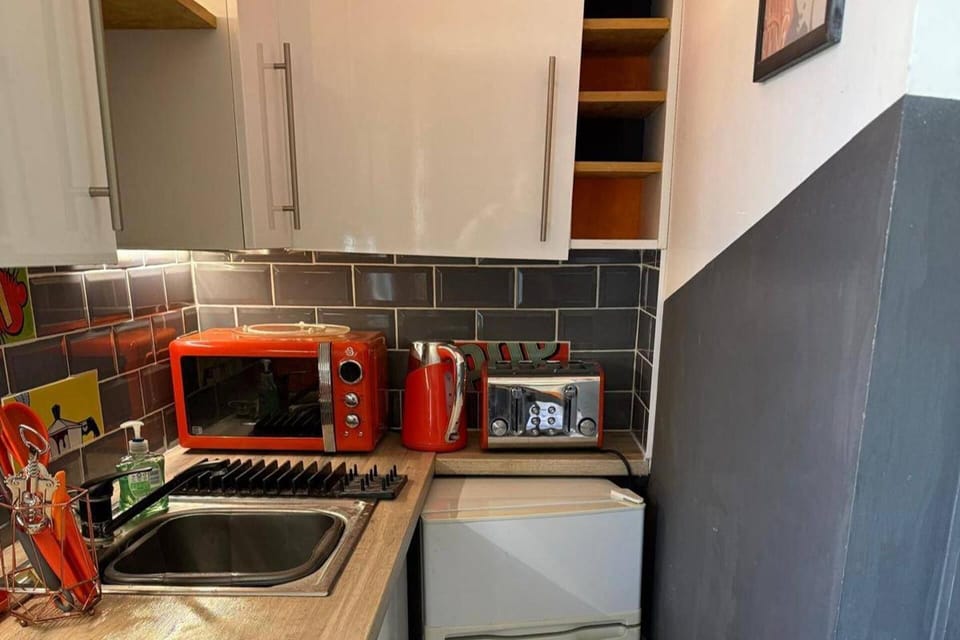 Fridge, microwave, stovetop, electric kettle