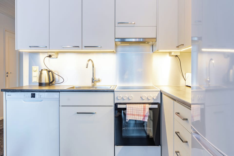 Comfort Apartment, 3 Bedrooms, Sauna, Courtyard View | Private kitchen | Full-size fridge, microwave, oven, stovetop