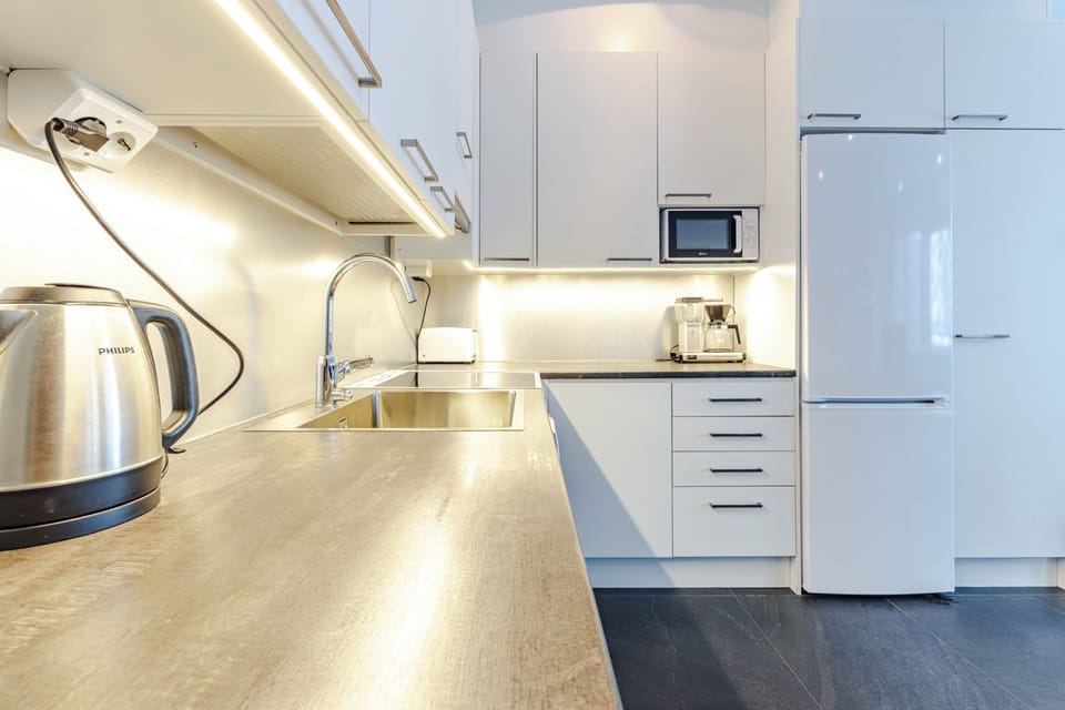 Comfort Apartment, 3 Bedrooms, Sauna, Courtyard View | Private kitchen | Full-size fridge, microwave, oven, stovetop
