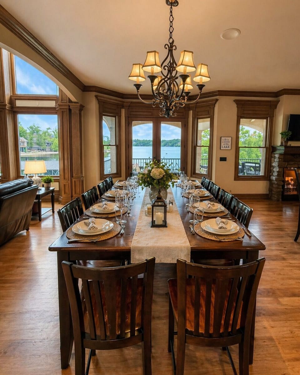 Spacious lakefront dining room with seating for large groups, elegant finishes, and stunning water views—perfect for unforgettable meals at Lake of the Ozarks.