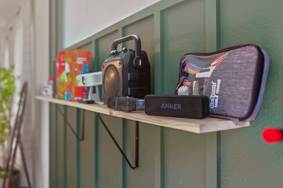 Packed with fun:karaoke,outdoor projector movie gear,and portable pingpong table