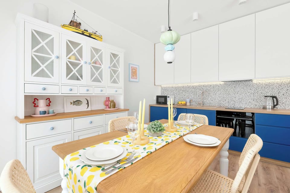 Open-plan kitchen and dining area with natural light