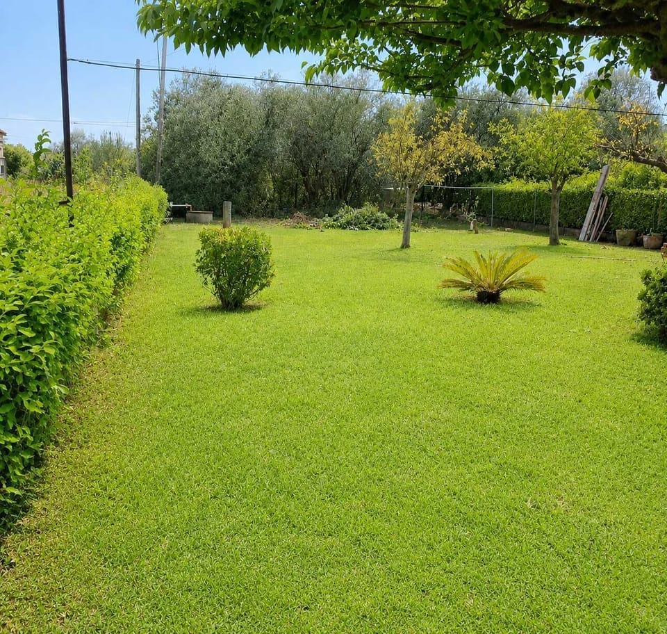 Large private garden with lush green grass and plenty of outdoor space to relax, play, or enjoy sunny Mediterranean days. Perfect for families, couples, and guests looking for peace and privacy close to nature