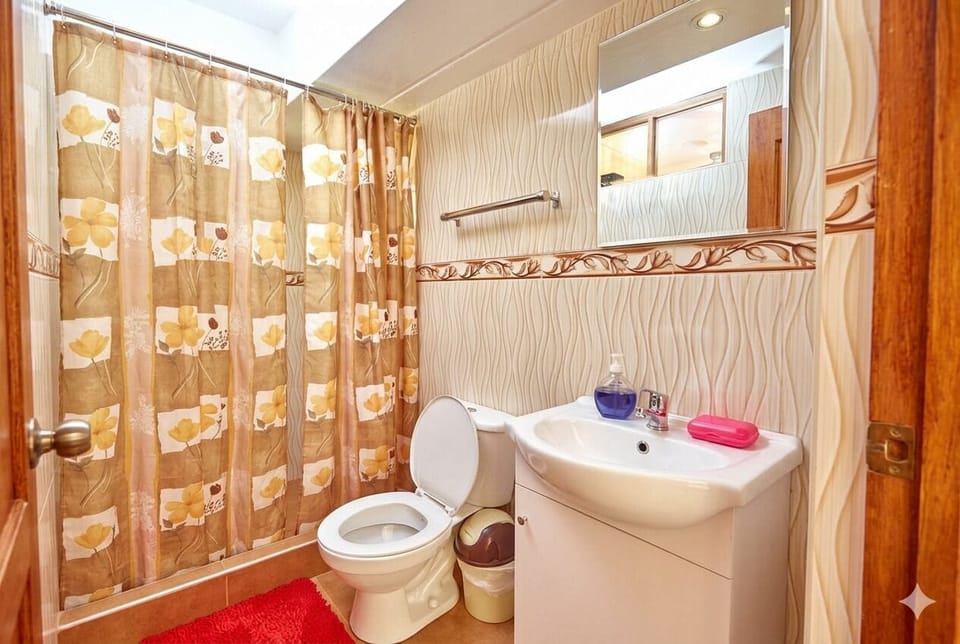 Shower, towels, soap, toilet paper