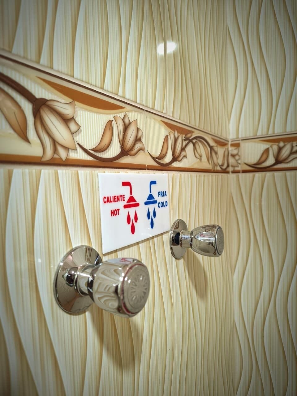 Shower, towels, soap, toilet paper