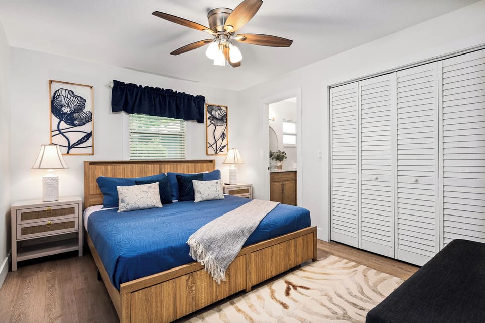Our 3rd bedroom, with a King bed, a full ensuite bathroom, and a smart TV.