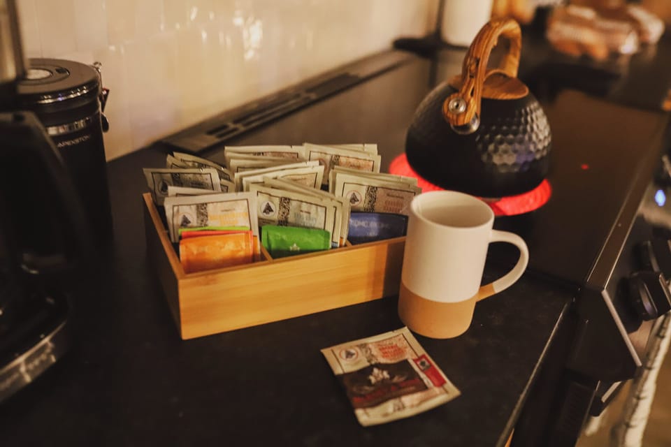 The kitchen is stocked with tea and coffee