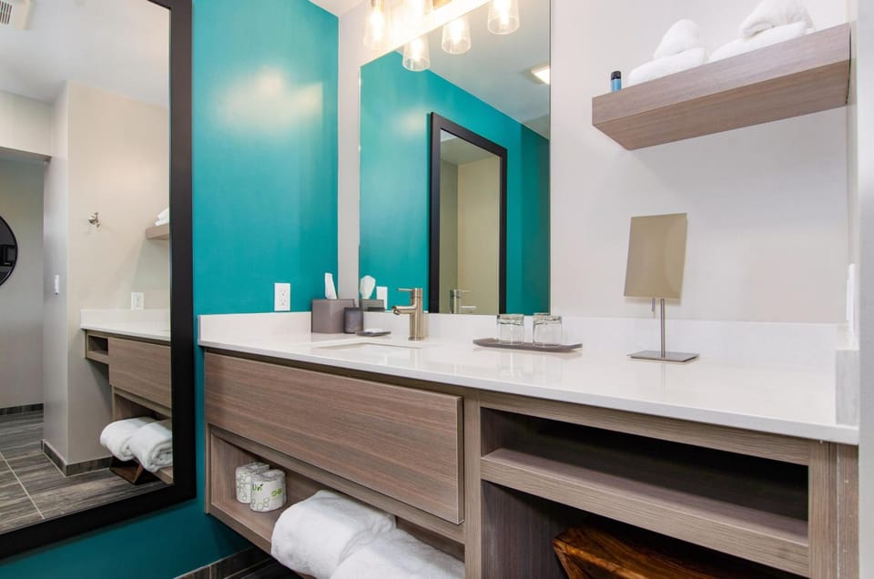 Refresh at a spa-like vanity with bright, modern lighting.