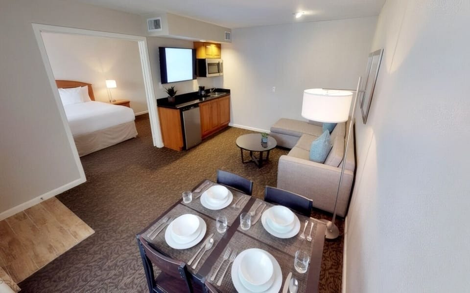 Settle into a spacious suite with living room and kitchenette.