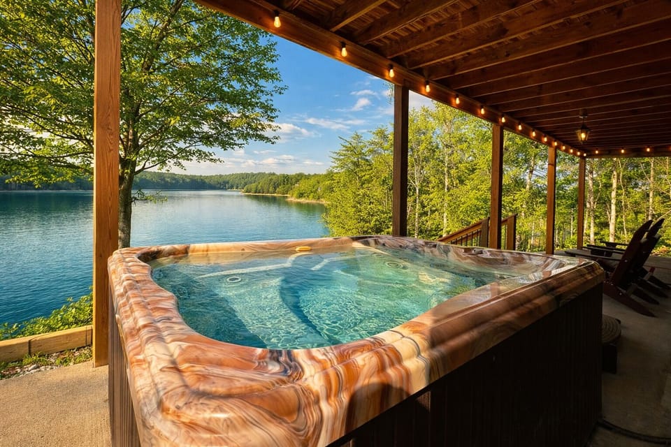 Sink into the hot tub as the lake shimmers before you — the perfect ending to every perfect day at Kajun Kove.
