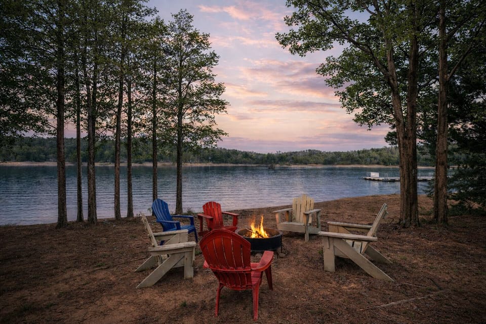 Douglas Lake at golden hour, fire crackling at your feet — this is the moment the whole trip is made for.