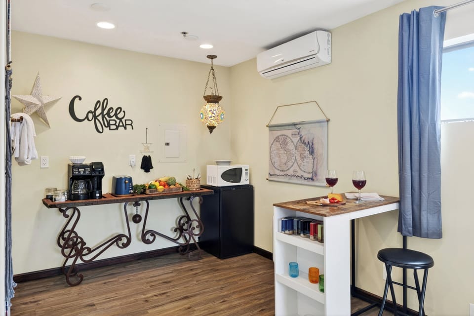 Start your mornings at the cozy coffee bar and unwind with evening drinks in this charming studio retreat. (Sedona Ember)